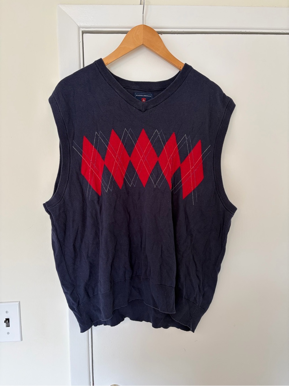 Saddlebred Navy Blue V-Neck Argyle Sweater Vest with Red Pattern
